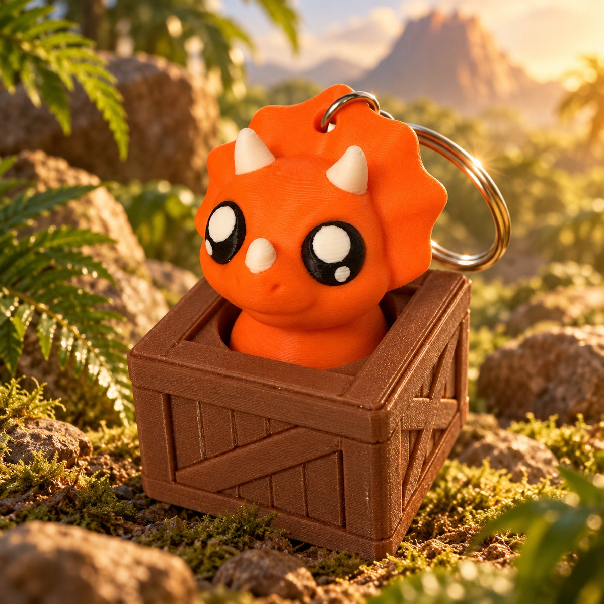 Brelok dinozaur 3D – pomarańczowy triceratops w skrzynce