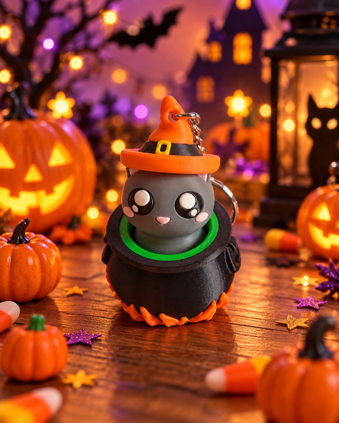 Halloweenowy brelok kotek czarodziej w czarnym kociołku z zielonym brzegiem